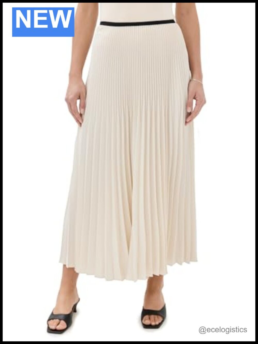 Pleated Midi Skirt Ivory Formal Solid Elastic Waist